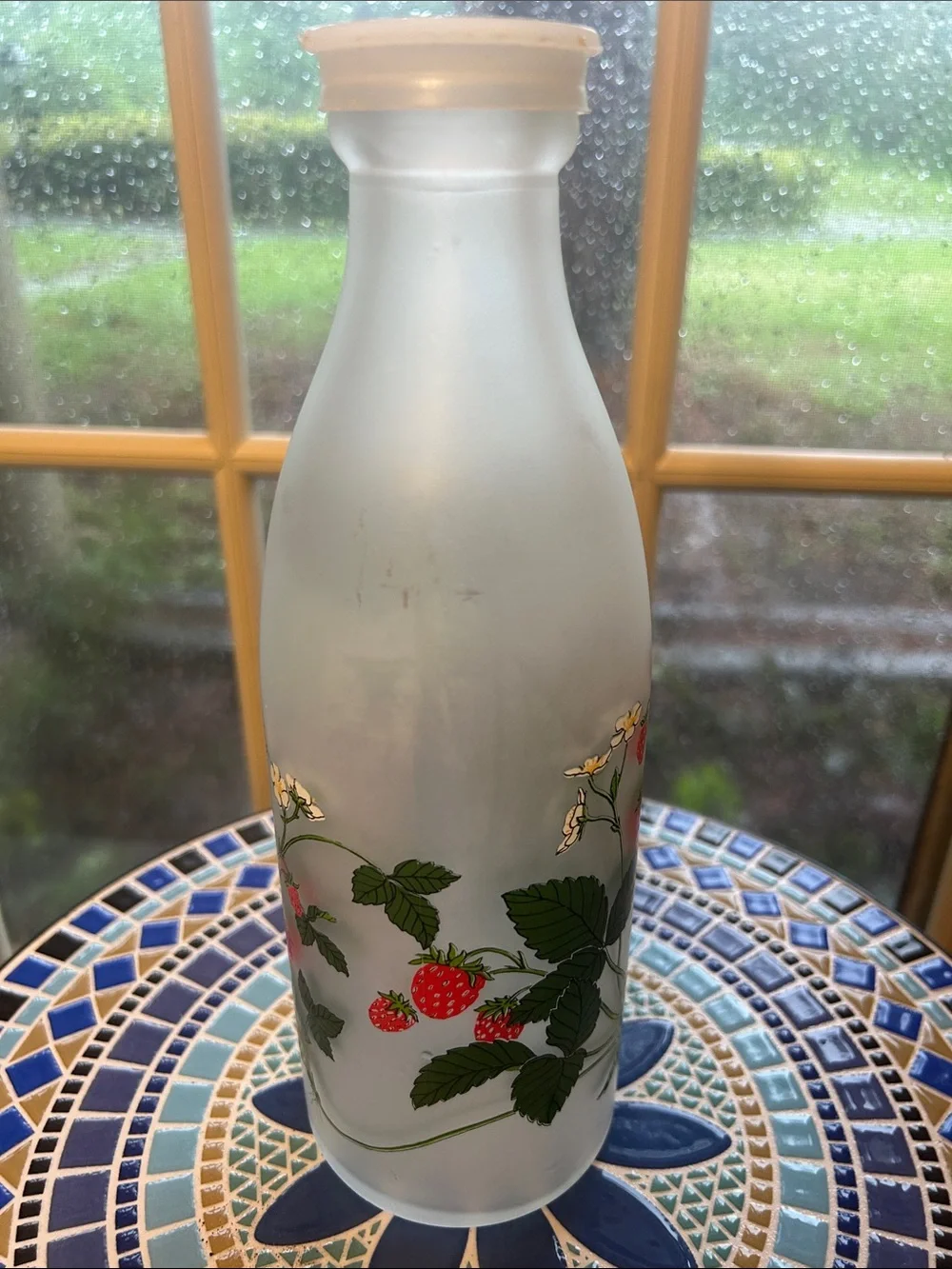 Tall Frosted Milk Bottle with Strawberries, Vines and Blossoms